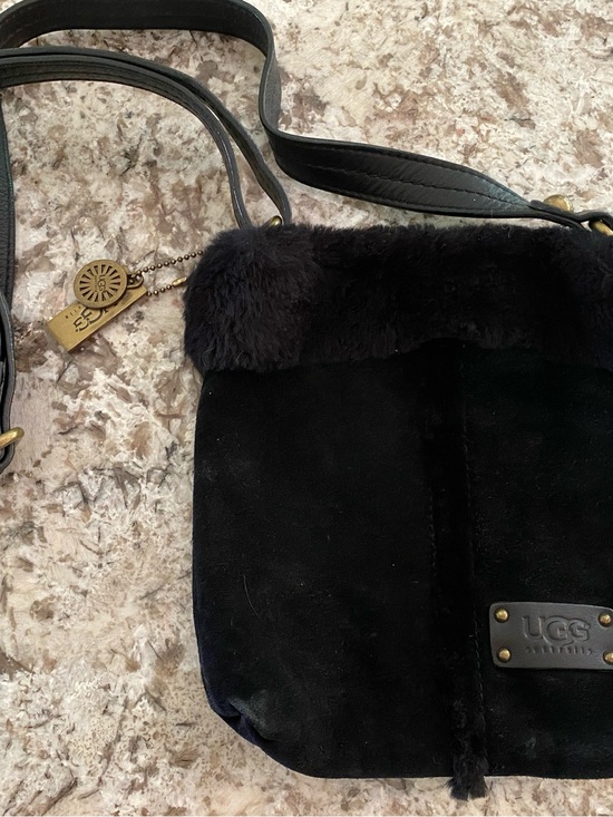 UGG Handbags - UGG Black Suede Crossbody with Shearling Trim and Brass Accents